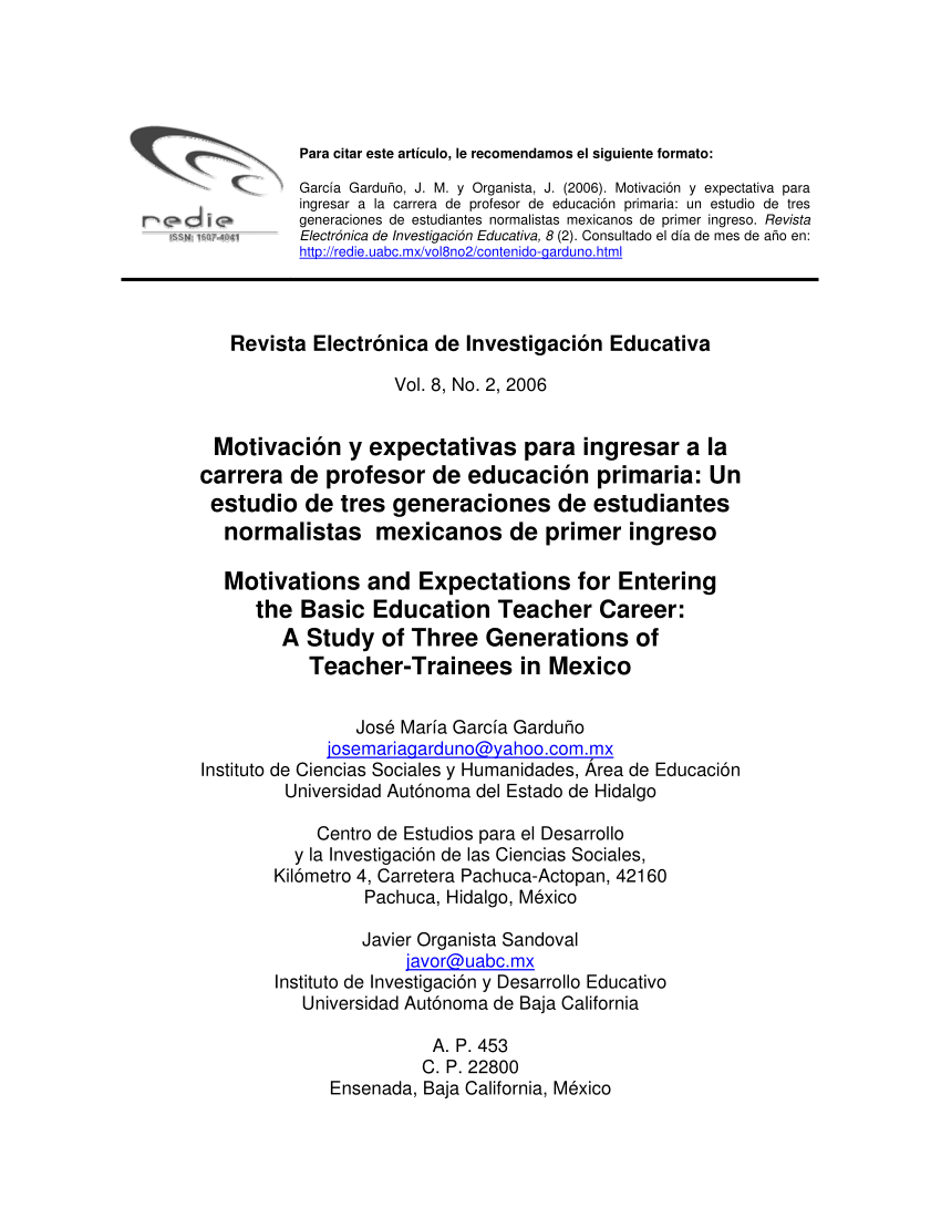 Pdf Motivacion Y Expectativas Para Ingresar A La Carrera De Profesor De Educacion Primaria Un Estudio De Tres Generaciones De Estudiantes Normalistas Mexicanos De Primer Ingreso