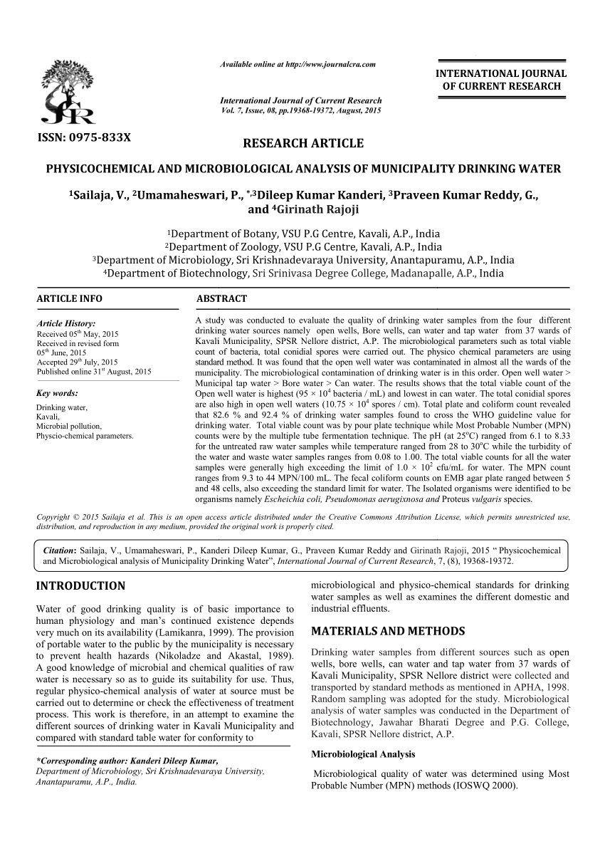 Pdf Physicochemical And Microbiological Analysis Of Municipality Drinking Water