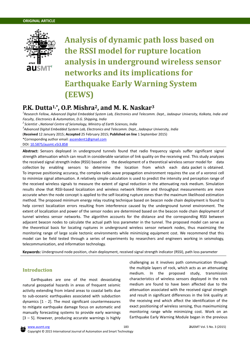 PDF) Analysis of dynamic path loss based on the RSSI model for rupture  location analysis in underground wireless sensor networks and its  implications for Earthquake Early Warning System (EEWS)