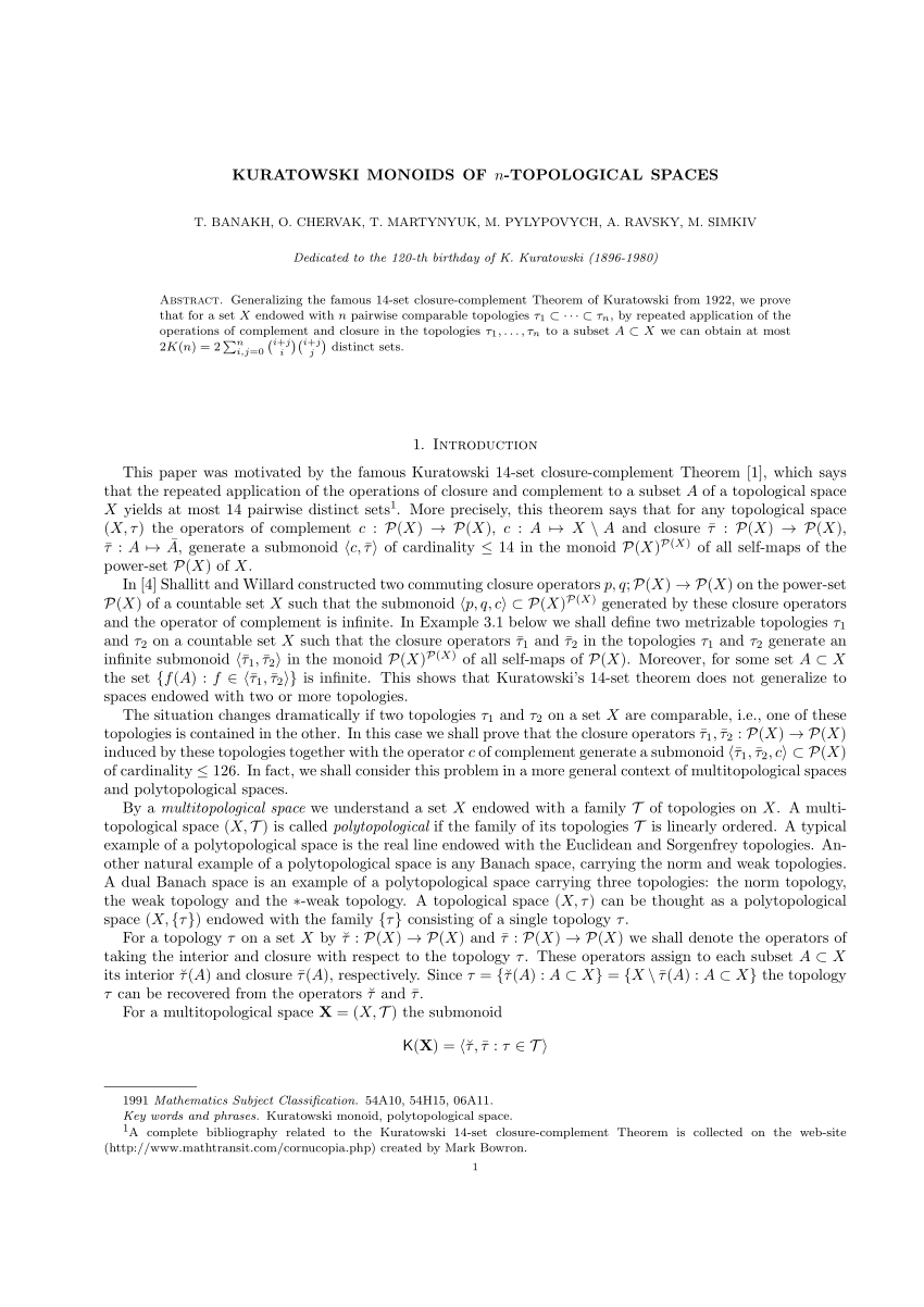 PDF) Kuratowski Monoids of n-Topological Spaces