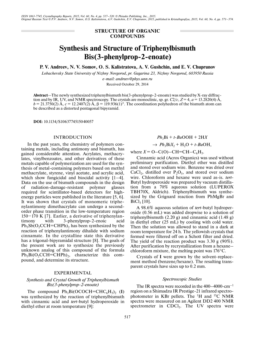 Pdf Synthesis And Structure Of Triphenylbismuth Bis 3 Phenylprop 2 Enoate