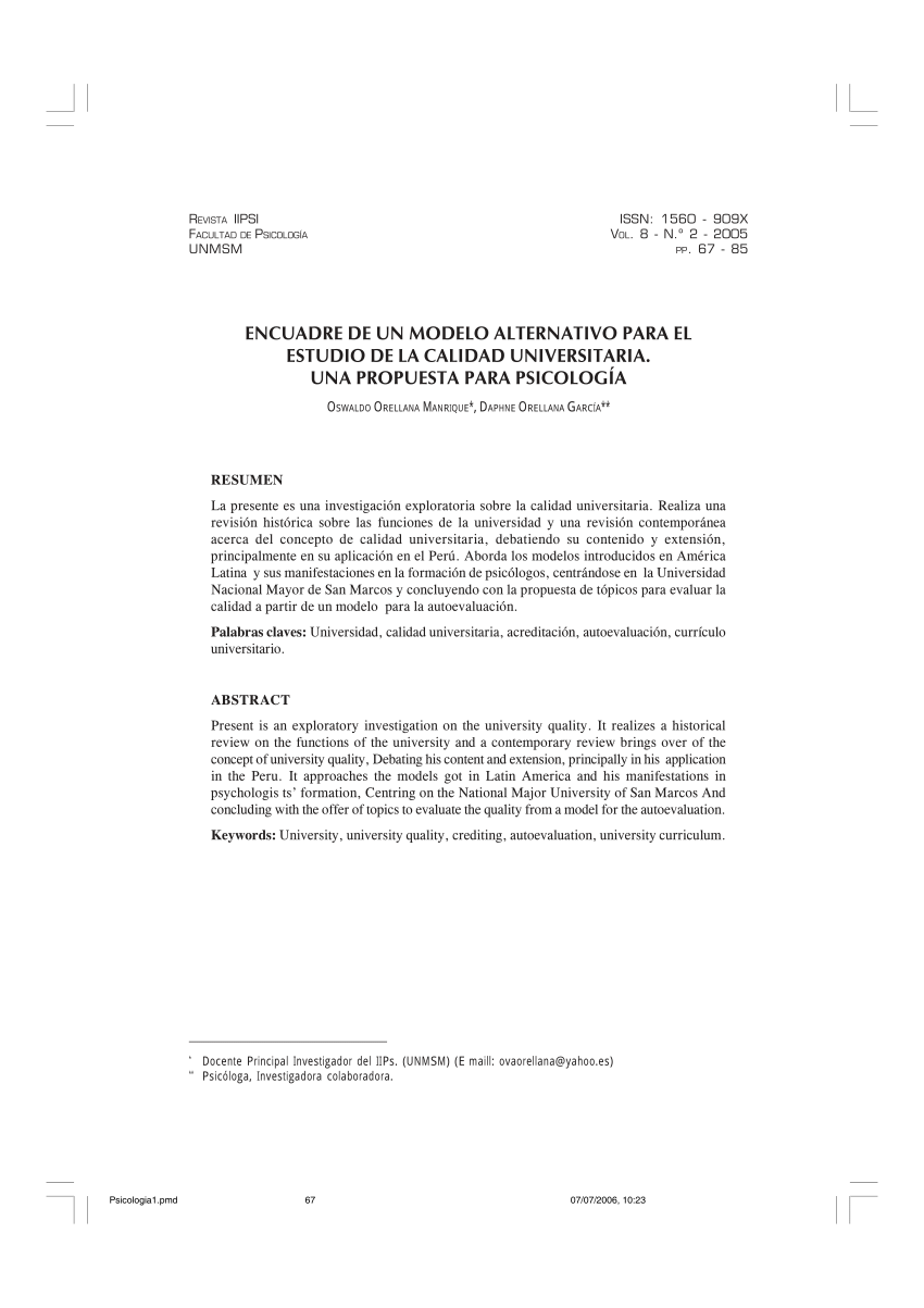 PDF) Encuadre de un modelo alternativo para el estudio de la calidad  universitaria. Una propuesta para psicología