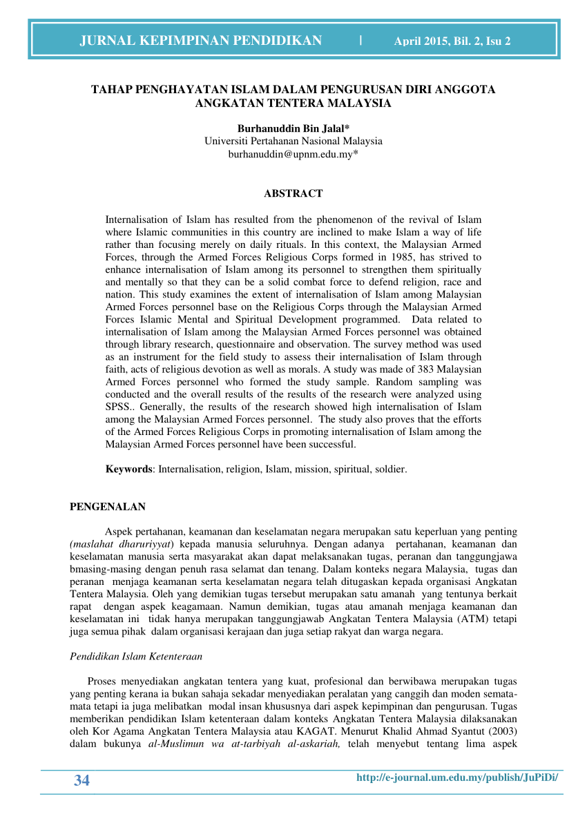 Pdf Bil 2 Isu 2 Tahap Penghayatan Islam Dalam Pengurusan Diri Anggota Angkatan Tentera Malaysia