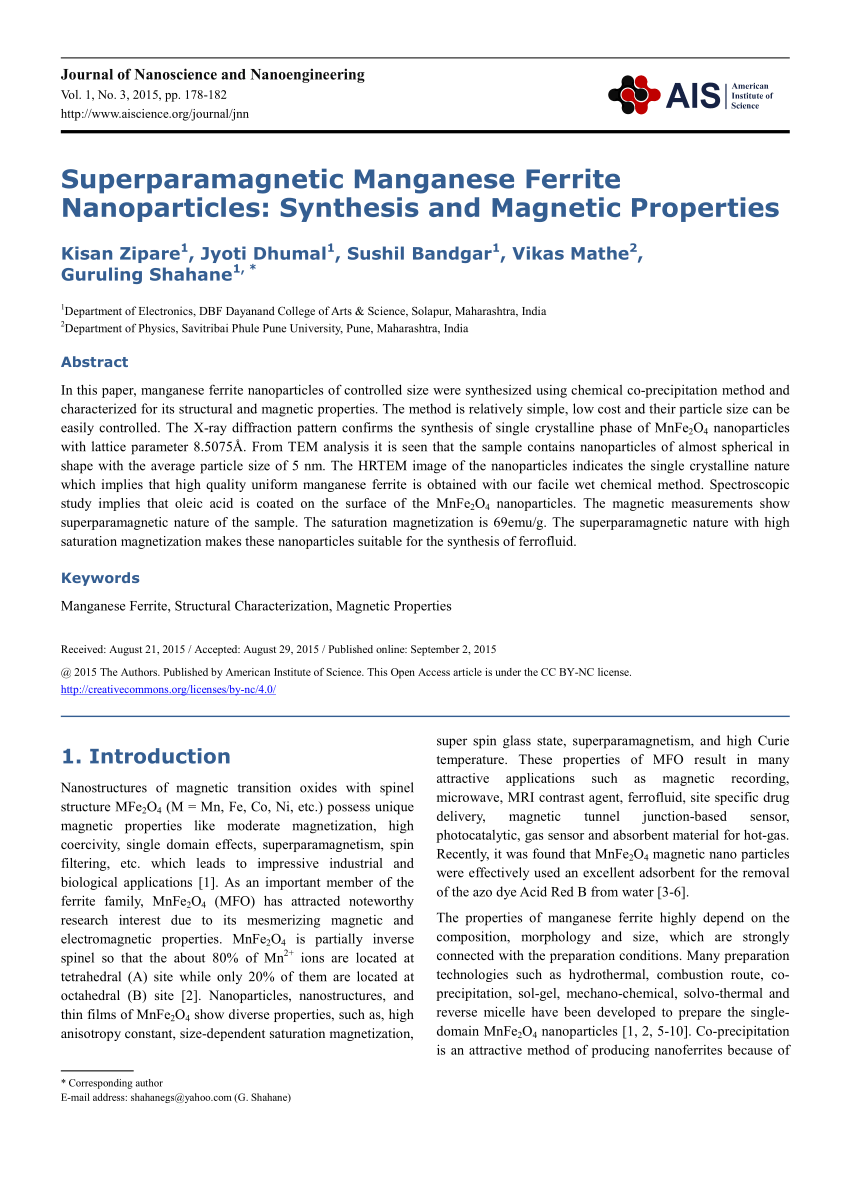 (PDF) Superparamagnetic Manganese Ferrite Nanoparticles 