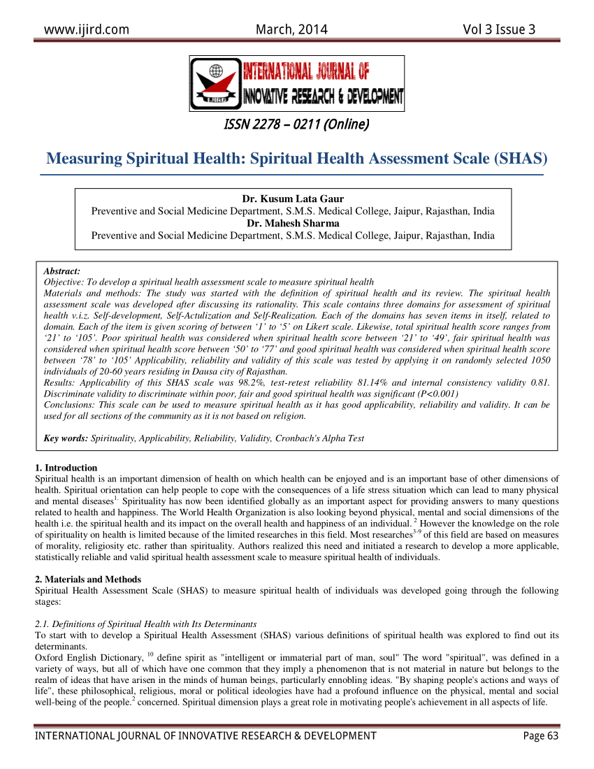 Pdf Measuring Spiritual Health Spiritual Health Assessment Scale Shas