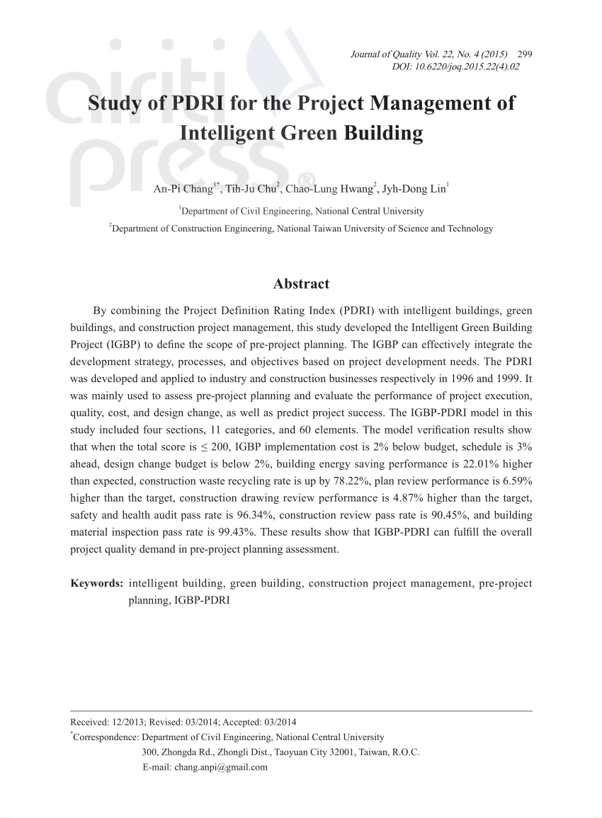 Pdf Study Of Pdri For The Project Management Of Intelligent Green Building