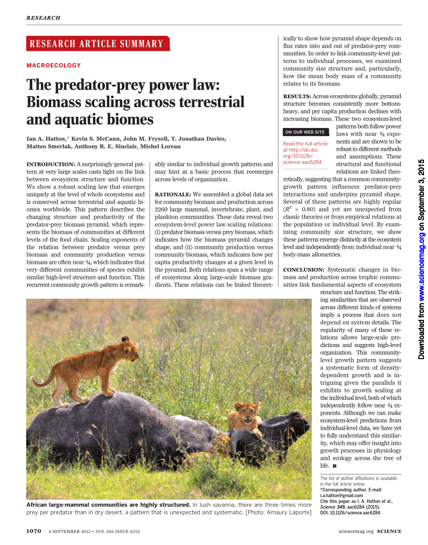 PDF) The predator-prey power law: Biomass scaling across terrestrial and  aquatic biomes