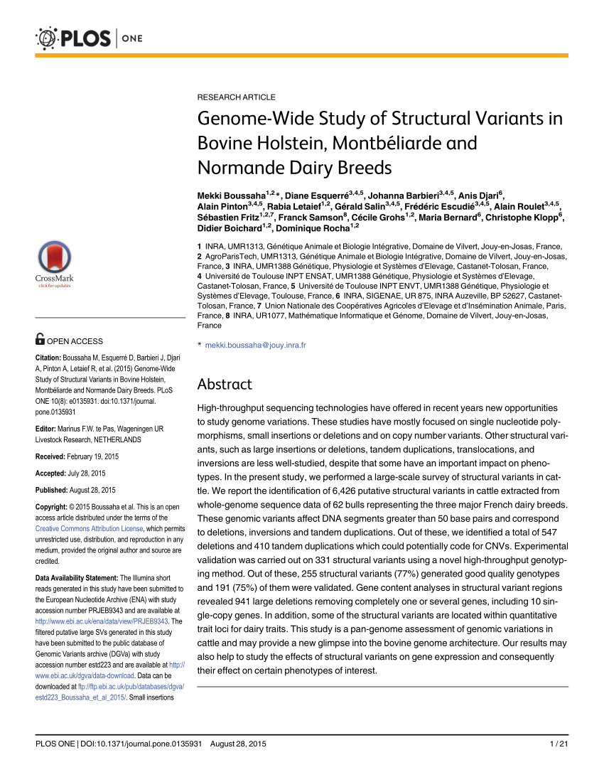 Pdf Genome Wide Study Of Structural Variants In Bovine Holstein Montbeliarde And Normande Dairy Breeds