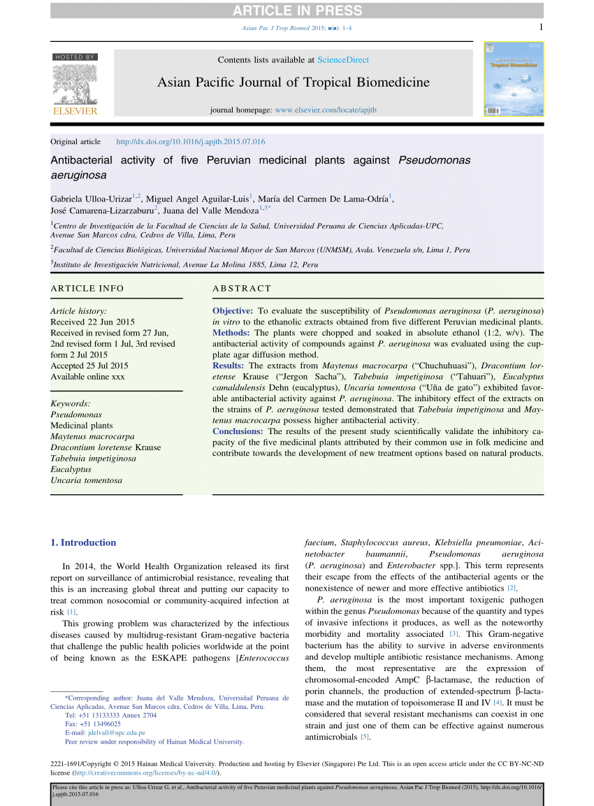 PDF) Antibacterial activity of five Peruvian medicinal plants against  Pseudomonas aeruginosa