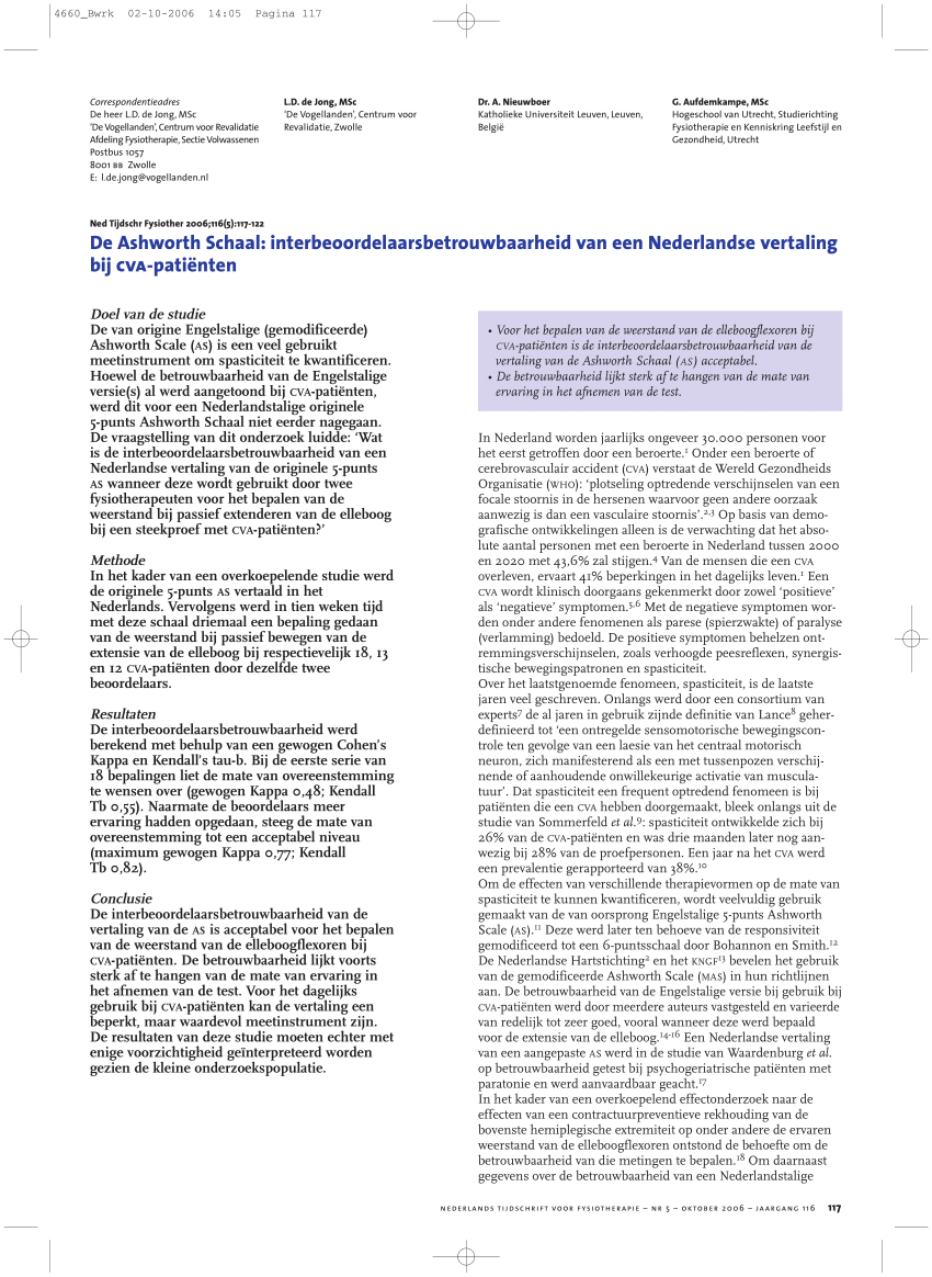 PDF) De Ashworth Schaal: interbeoordelaarsbetrouwbaarheid van een bij CVA-patiënten.