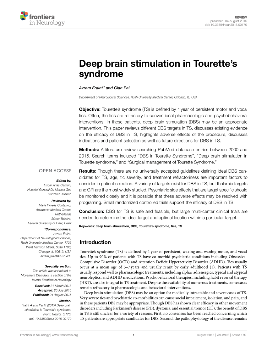(PDF) Deep Brain Stimulation in Tourette's Syndrome