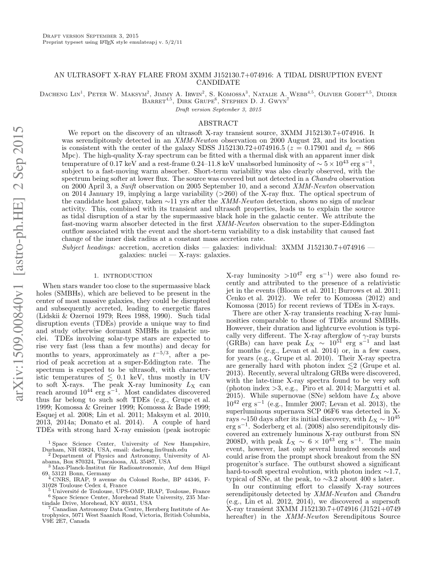 Pdf An Ultrasoft X Ray Flare From 3xmm J 7 A Tidal Disruption Event Candidate