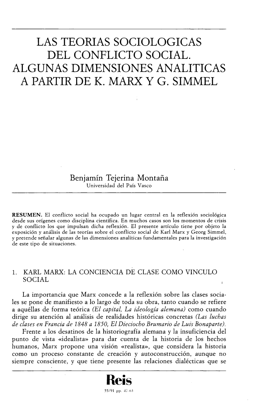 PDF) Las teorías sociológicas del conflicto social. Algunas dimensiones  analíticas a partir de K. Marx y G. Simmel
