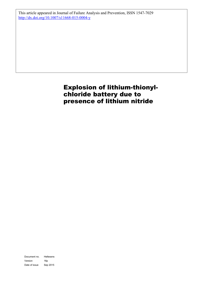siv Hubert Hudson Terminologi PDF) Explosion of lithium-thionyl-chloride battery due to presence of  lithium nitride