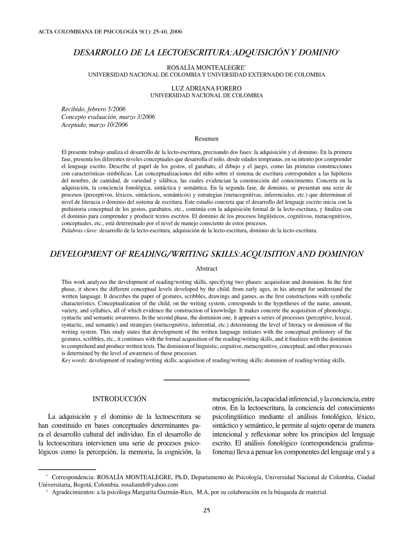 PDF) de la lectoescritura: adquisición y dominio