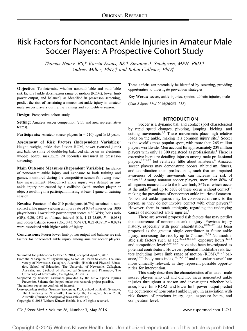 PDF) Risk Factors for Noncontact Ankle Injuries in Amateur Male Soccer Players A Prospective Cohort Study