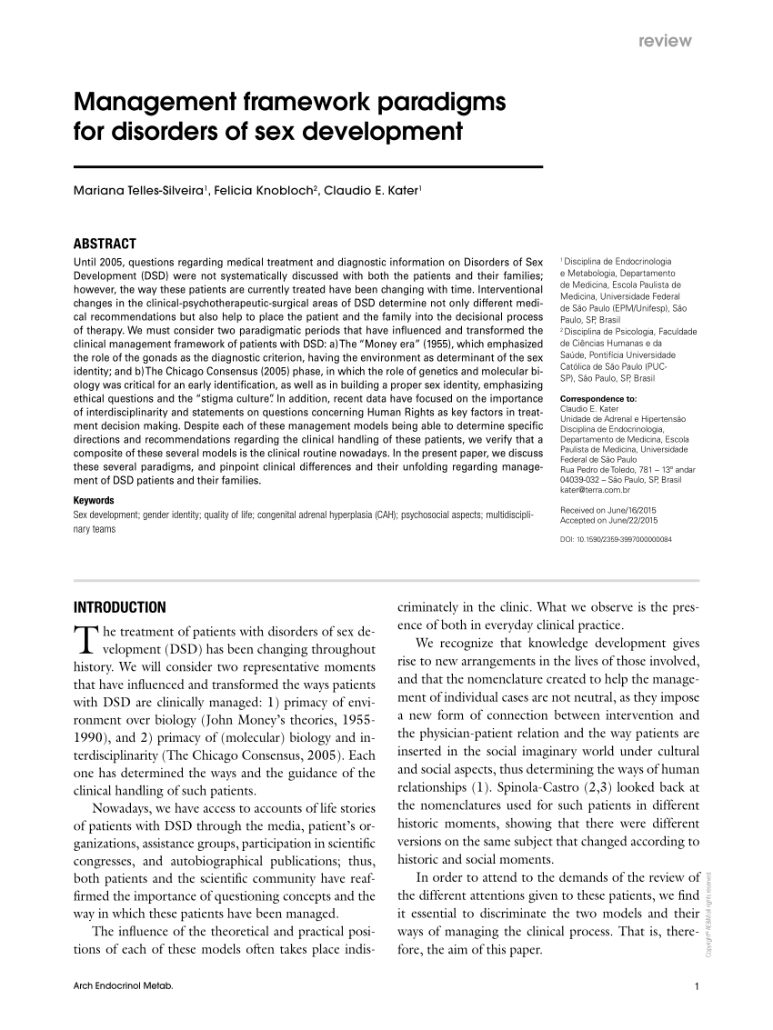 Pdf Management Framework Paradigms For Disorders Of Sex Development 6717