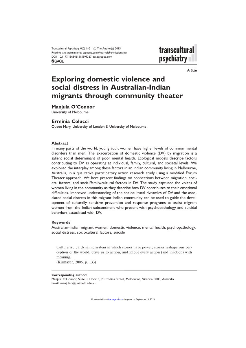 Pdf Exploring Domestic Violence And Social Distress In Australian Indian Migrants Through Community Theater