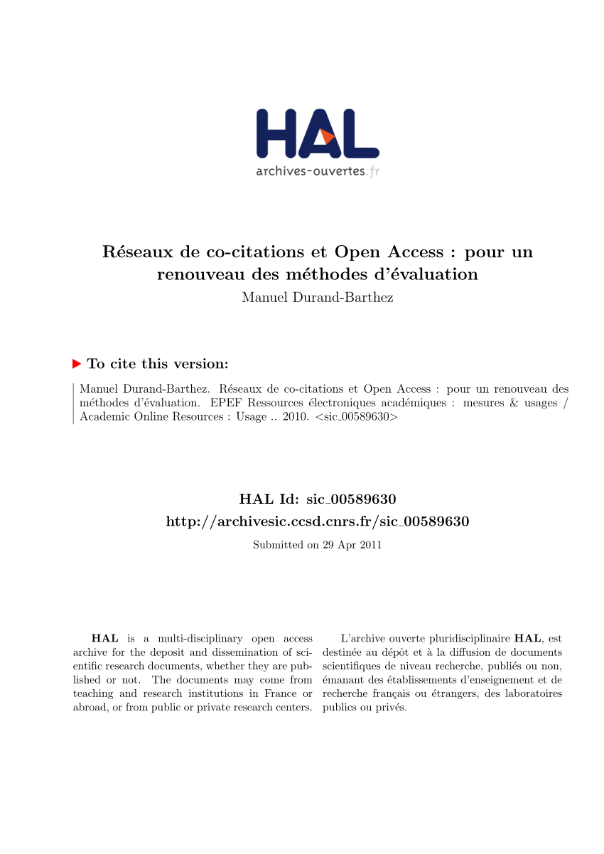 Pdf Reseaux De Co Citations Et Open Access Pour Un Renouveau Des Methodes D Evaluation