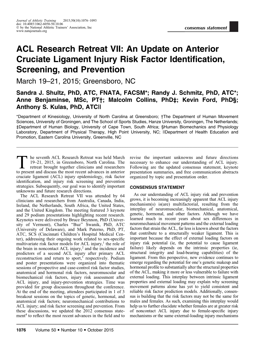 Pdf Acl Research Retreat Vii An Update On Anterior Cruciate Ligament Injury Risk Factor Identification Screening And Prevention March 19 21 2015 Greensboro Nc