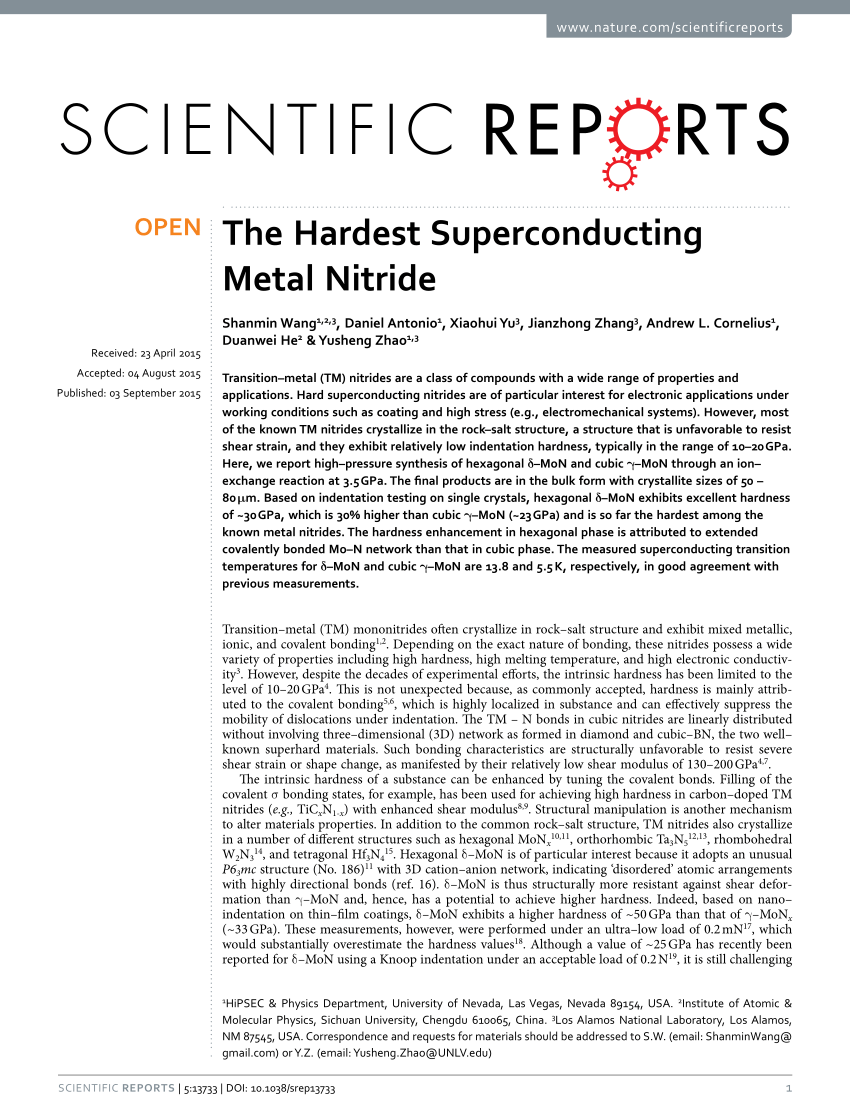 Pdf The Hardest Superconducting Metal Nitride