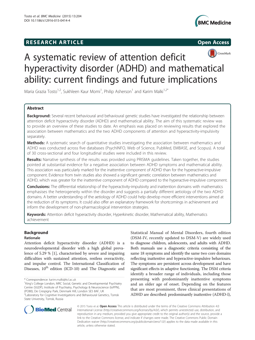 Pdf A Systematic Review Of Attention Deficit Hyperactivity Disorder Adhd And Mathematical