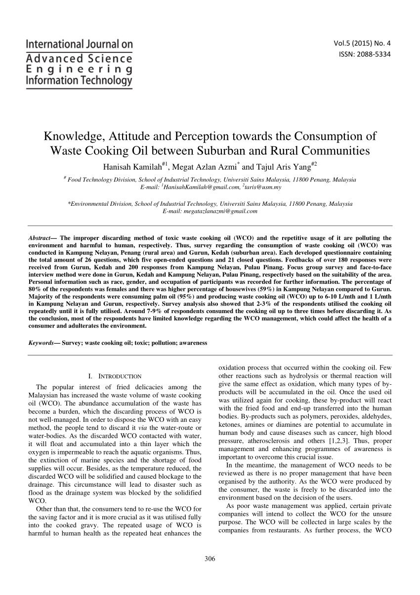 Pdf Knowledge Attitude And Perception Towards The Consumption Of Waste Cooking Oil Between Suburban And Rural Communities