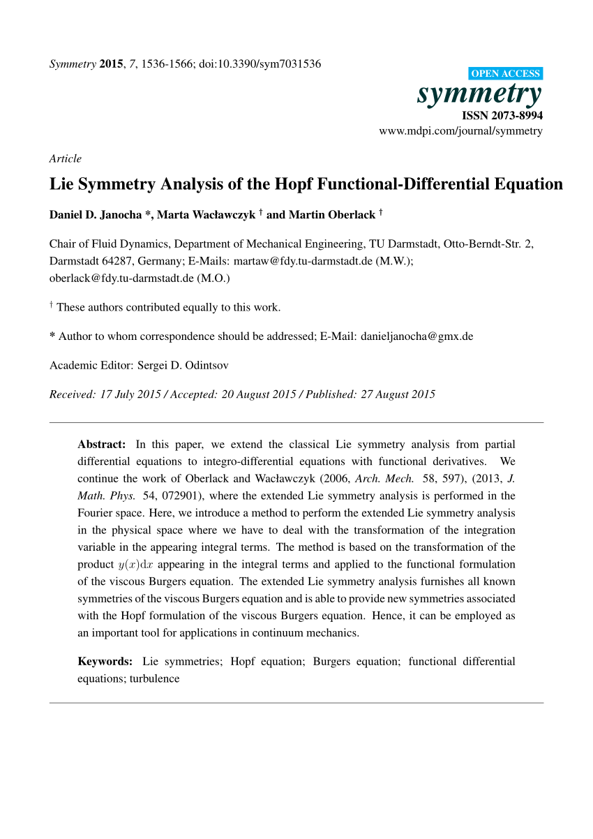 Pdf Lie Symmetry Analysis Of The Hopf Functional