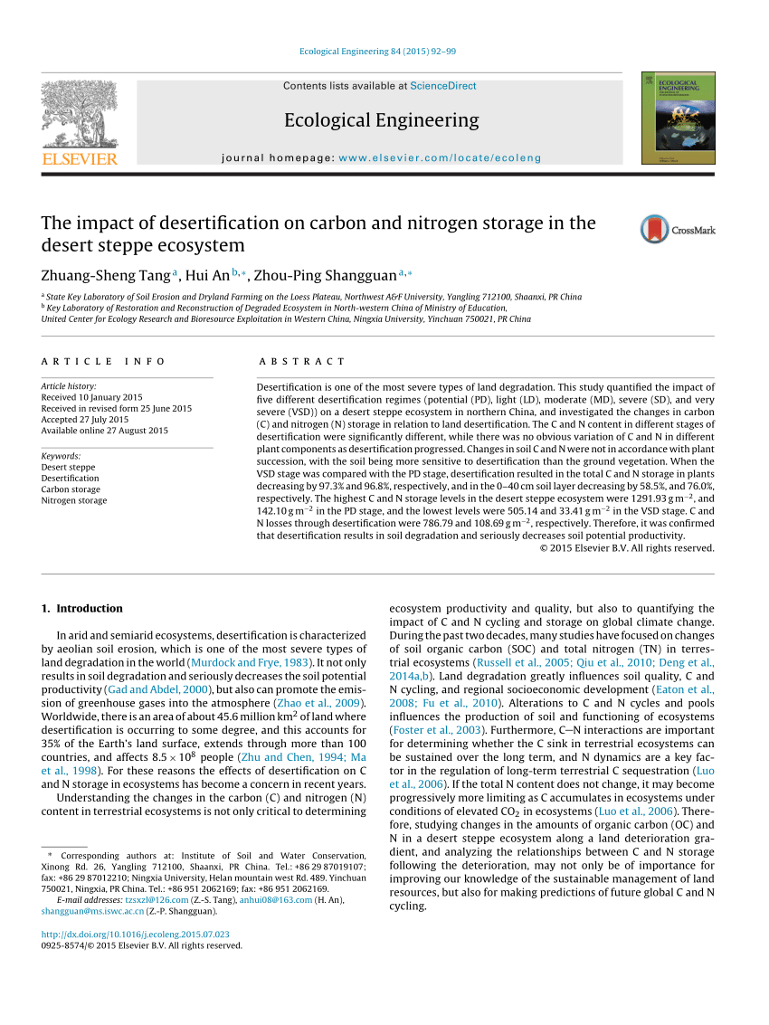 Pdf The Impact Of Desertification On Carbon And Nitrogen Storage In The Desert Steppe Ecosystem