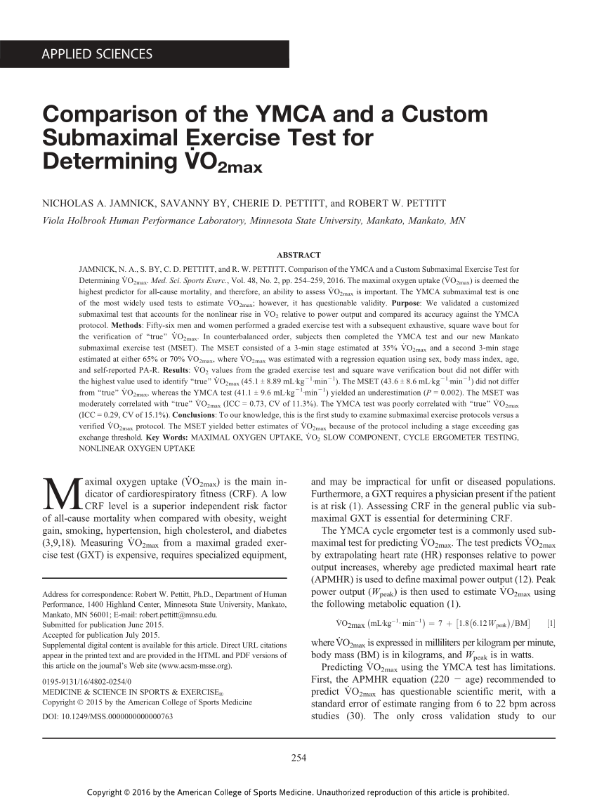 Pdf Comparison Of The Ymca And A Custom Submaximal Exercise Test