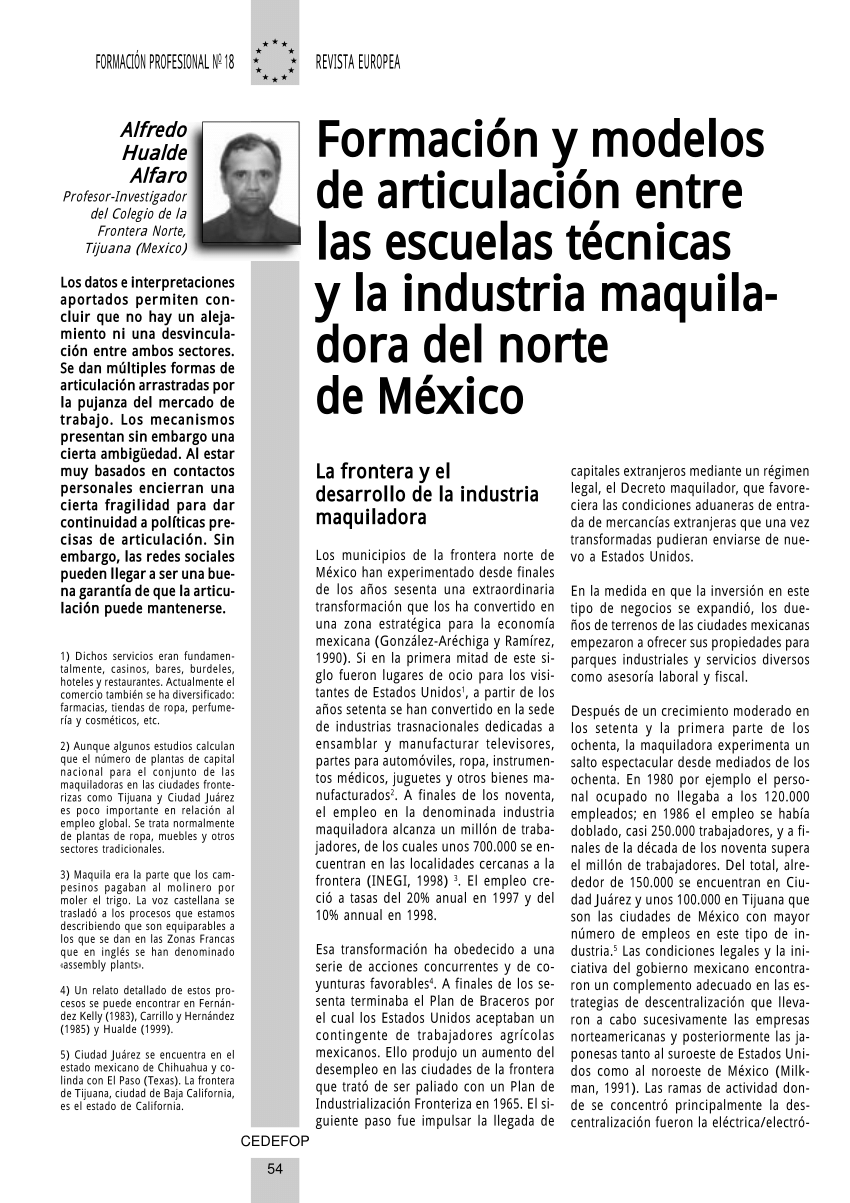 PDF) Formación y modelos de articulación entre las escuelas técnicas y la  industria maquiladora del norte de México