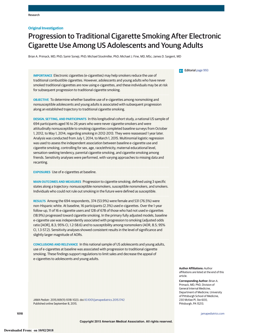 PDF Progression to Traditional Cigarette Smoking After Electronic