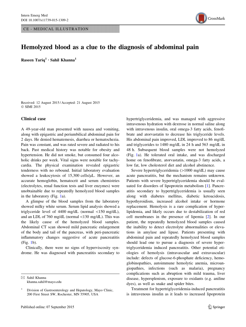 (PDF) Hemolyzed blood as a clue to the diagnosis of abdominal pain