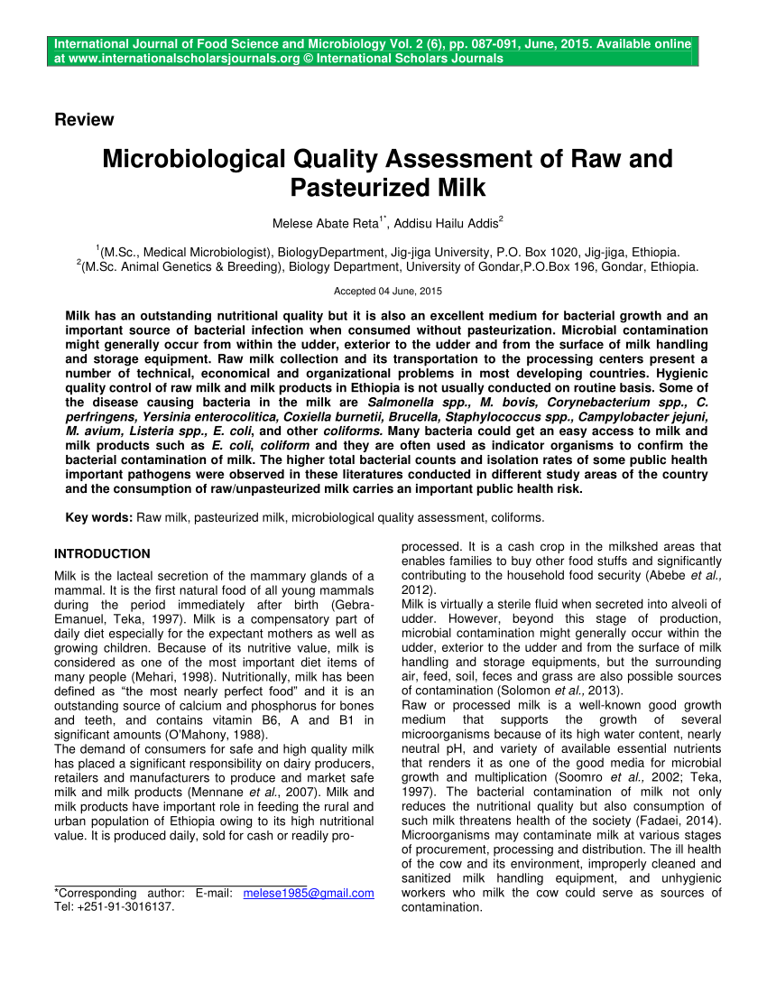 (PDF) Microbiological Quality Assessment of Raw and Pasteurized Milk