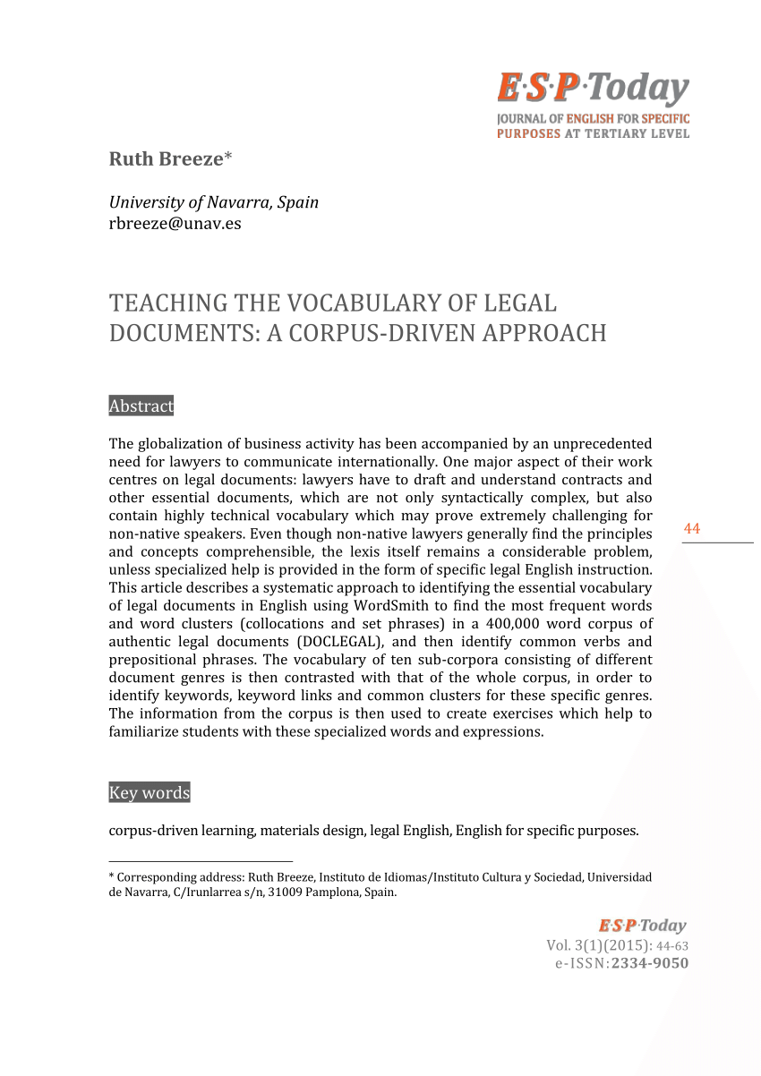 Pdf Teaching The Vocabulary Of Legal Documents A Corpus Driven