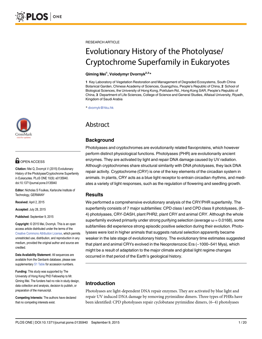Pdf Evolutionary History Of The Photolyase Cryptochrome