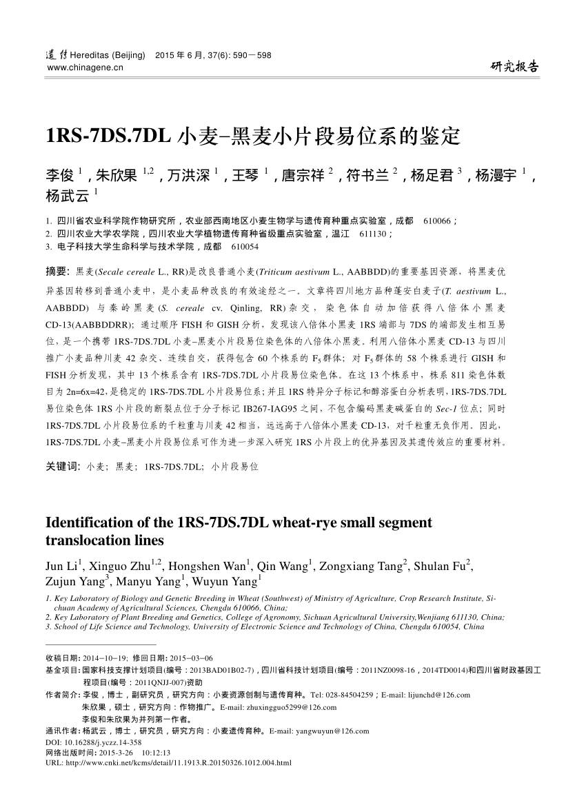 Pdf Identification Of The 1rs 7ds 7dl Wheat Rye Small Segment Translocation Lines