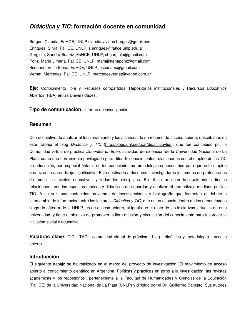 Pdf Didáctica Y Tic Formación Docente En Comunidad 7373