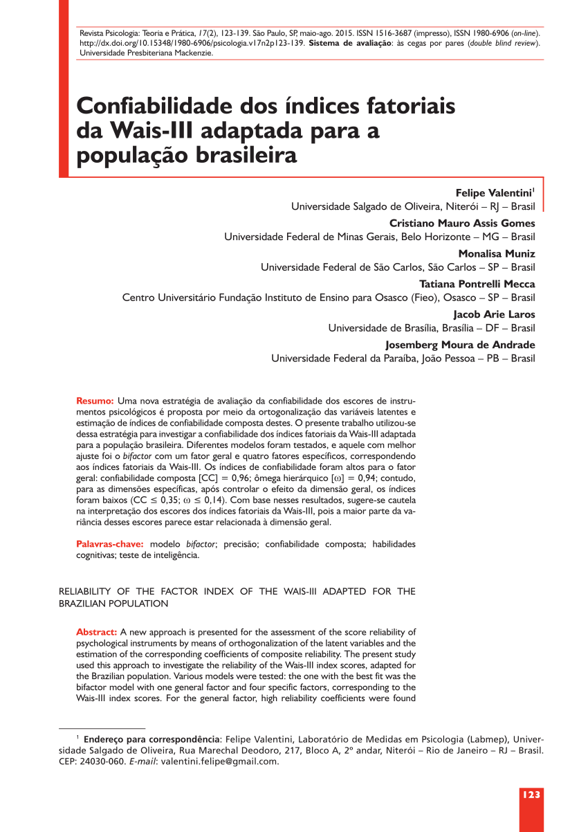 PDF) Confiabilidade dos ndices Fatoriais da Wais-III Adaptada ...