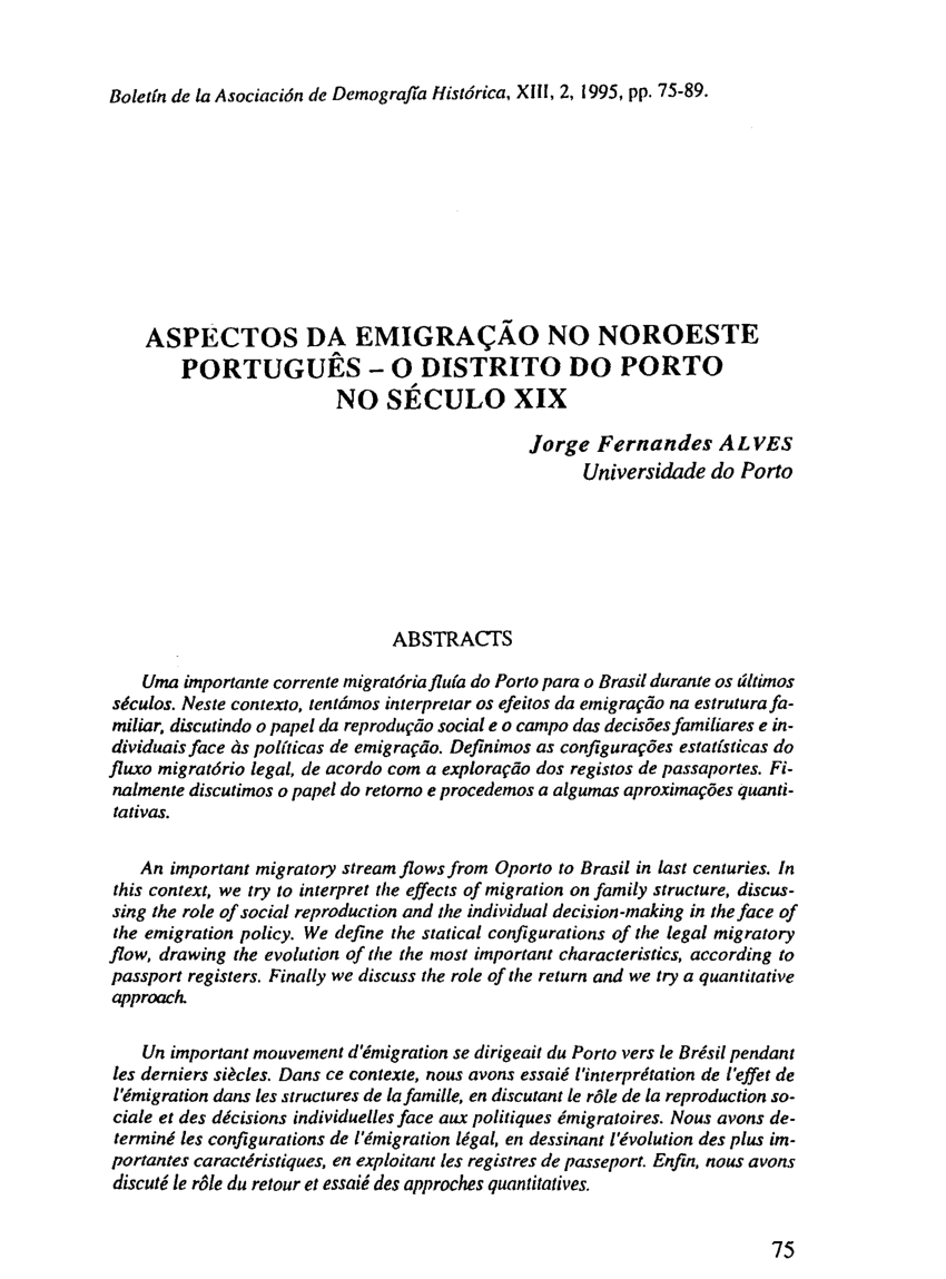 Pdf Aspectos Da Emigraçao No Noroeste Português O Distrito Do Porto No Século Xix 2787