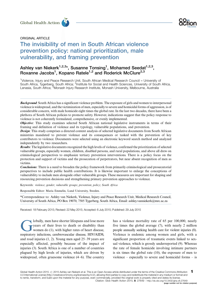 Pdf The Invisibility Of Men In South African Violence Prevention Policy National Prioritization Male Vulnerability And Framing Prevention