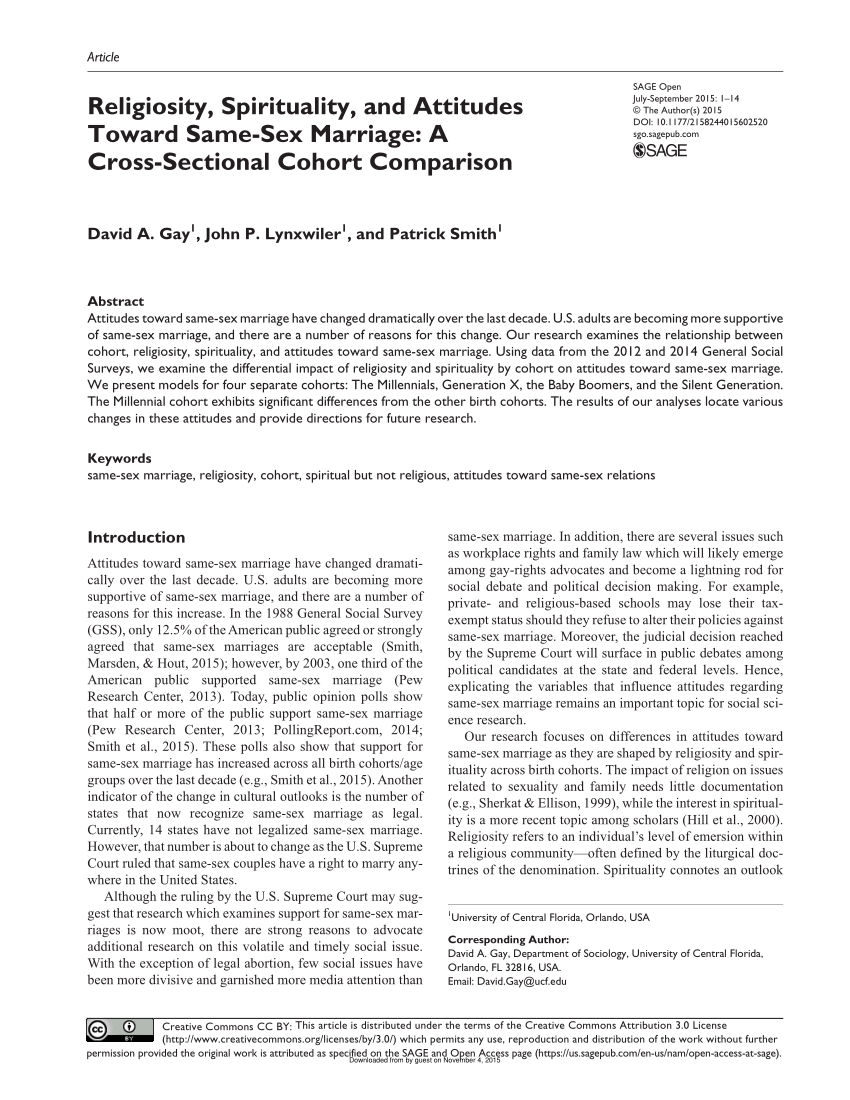 Pdf Religiosity Spirituality And Attitudes Toward Same Sex Marriage