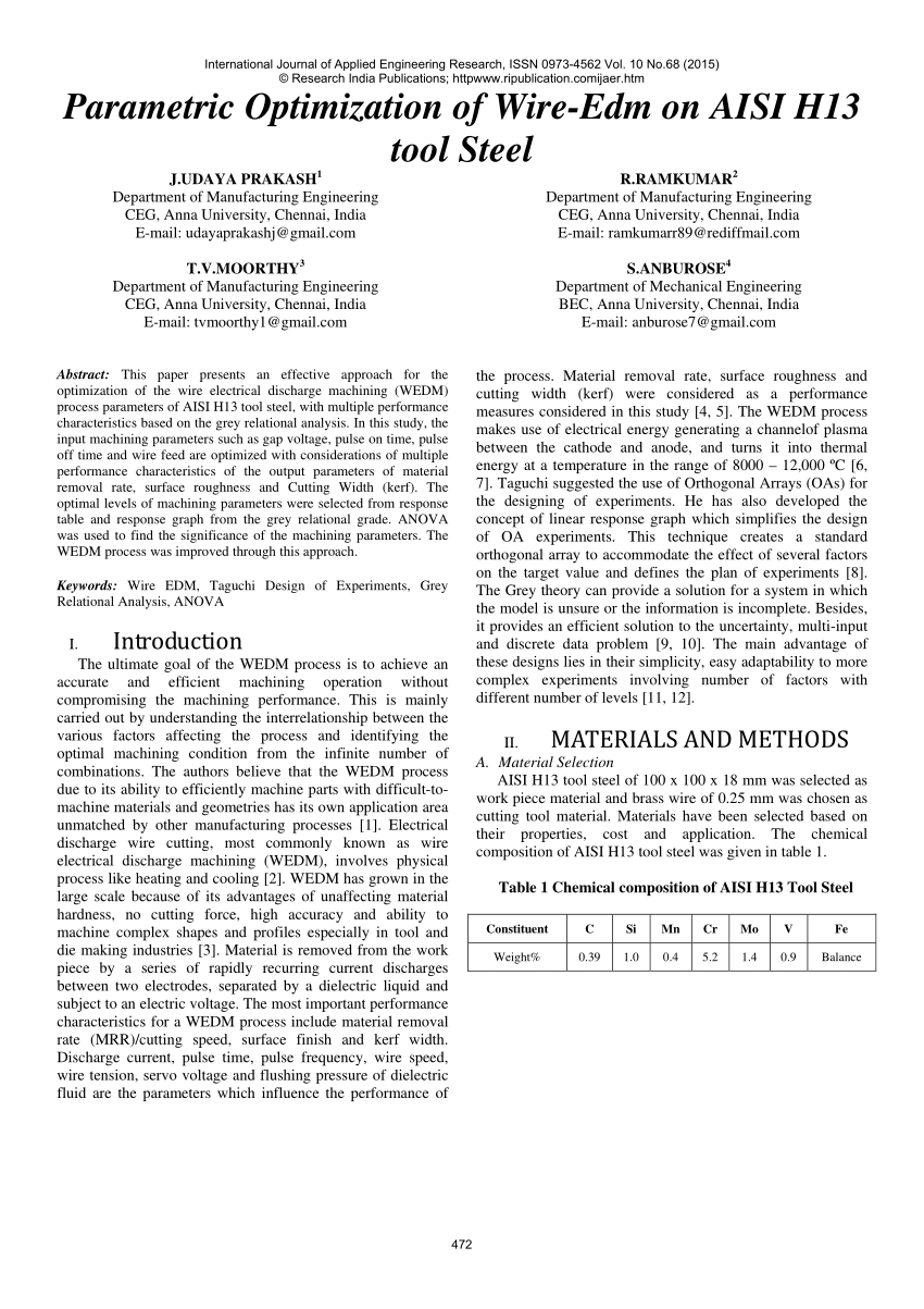 (PDF) Parametric Optimization of Wire-Edm on AISI H13 tool Steel