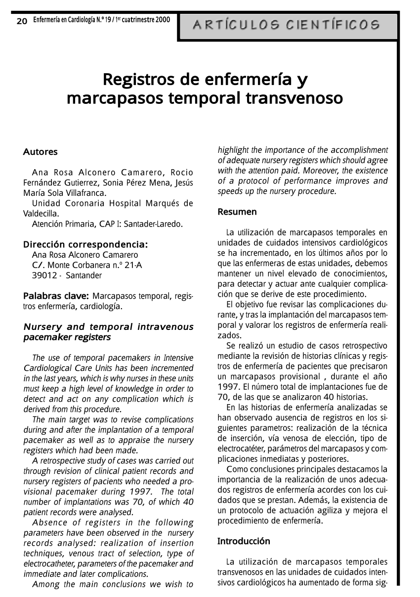 Pdf Registros De Enfermeria Y Marcapasos Temporal Transvenoso