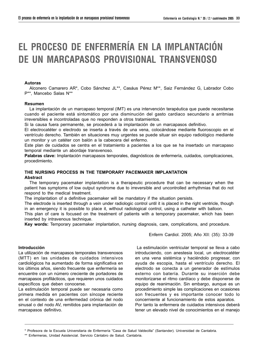 Pdf El Proceso De Enfermeria En La Implantacion De Un Marcapasos Provisional Transvenoso