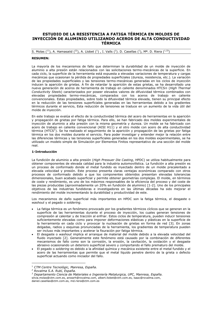 Pdf Estudio De La Resistencia A Fatiga Termica En Moldes De Inyeccion De Aluminio Utilizando Aceros De Alta Conductividad Termica