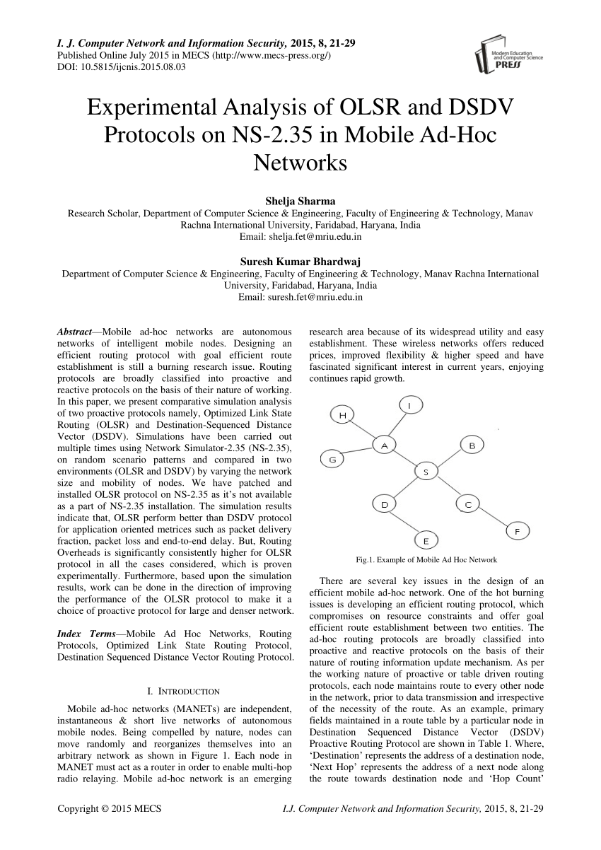 Pdf Experimental Analysis Of Olsr And Dsdv Protocols On Ns 2 35 In Mobile Ad Hoc Networks