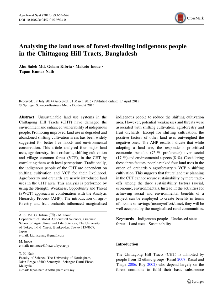 Pdf Analysing The Land Uses Of Forest Dwelling Indigenous People In The Chittagong Hill Tracts Bangladesh