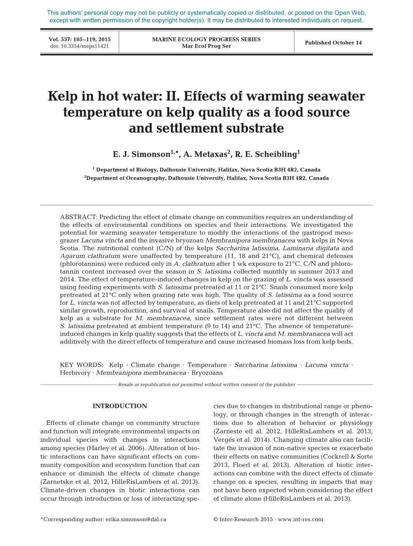 Pdf Kelp In Hot Water Effects Of Warming Seawater Temperature On Kelp Quality As A Food Source And Settlement Substrate