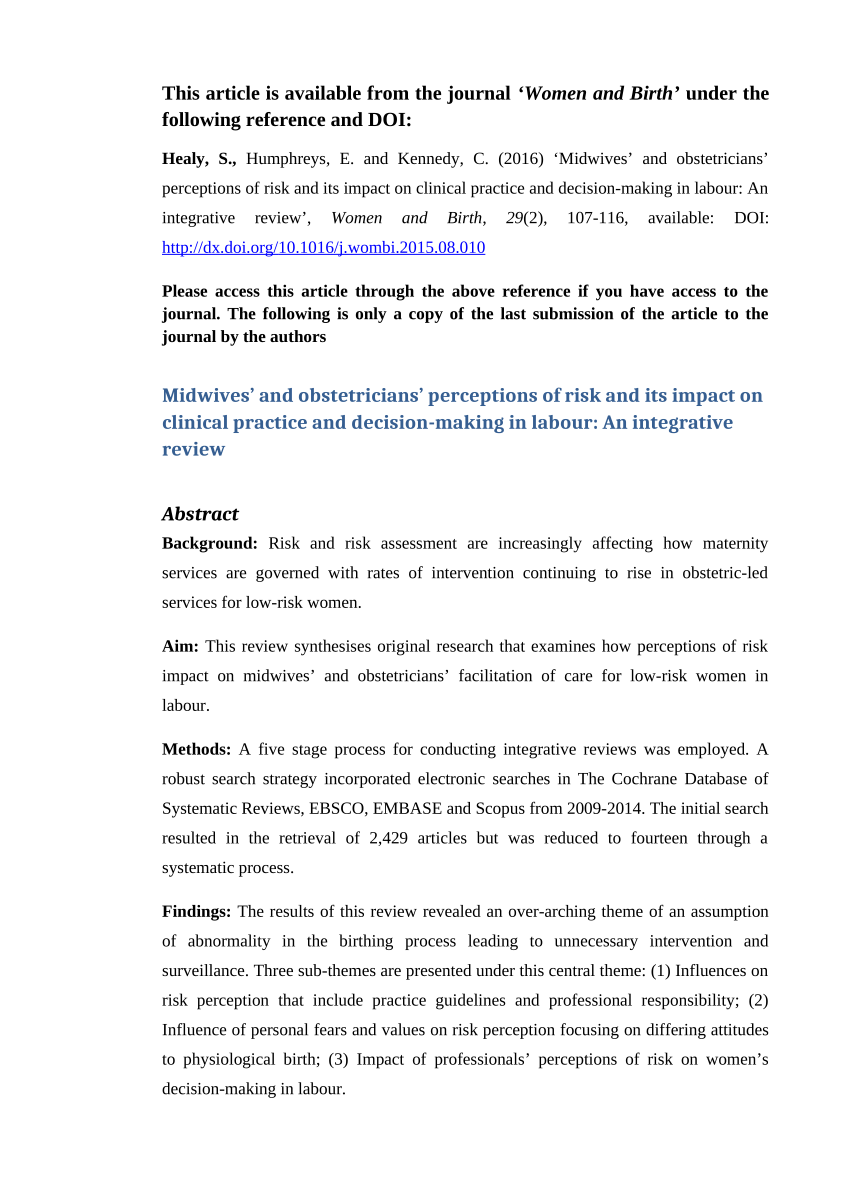 Pdf Midwives And Obstetricians Perceptions Of Risk And Its Impact On Clinical Practice And 5413